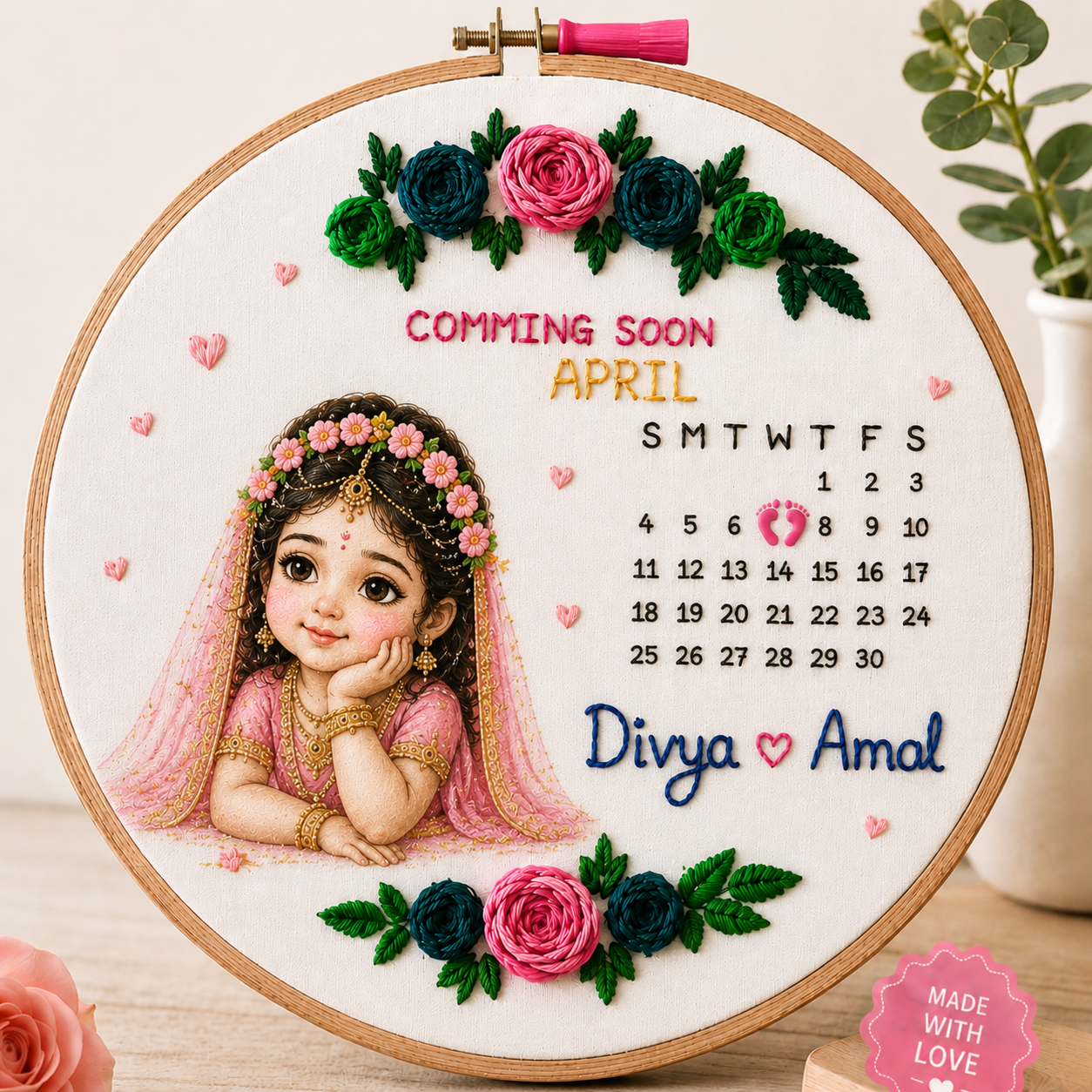 Personalized Radha Rani Welcome Baby & Family Calendar Hoop