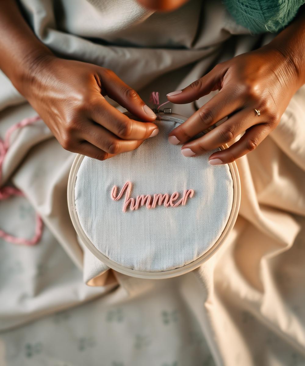 Artisan hand-stitching a personalized embroidery hoop
